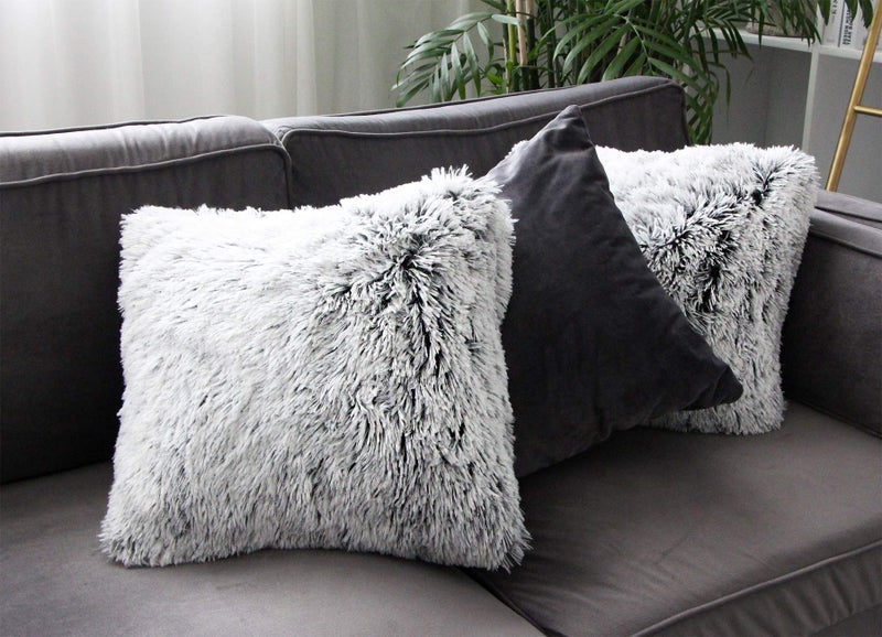 Uhomy 2 Packs Fluffy Accent Pillows Cover 20"x20", Soft Black Ombre Artificial Fur Throw Pillow Case, Modern Luxury Decorative Square Cushion Cover for farmhouse home decor for Sofa/Bed/Chair, 50x50cm - Image 4